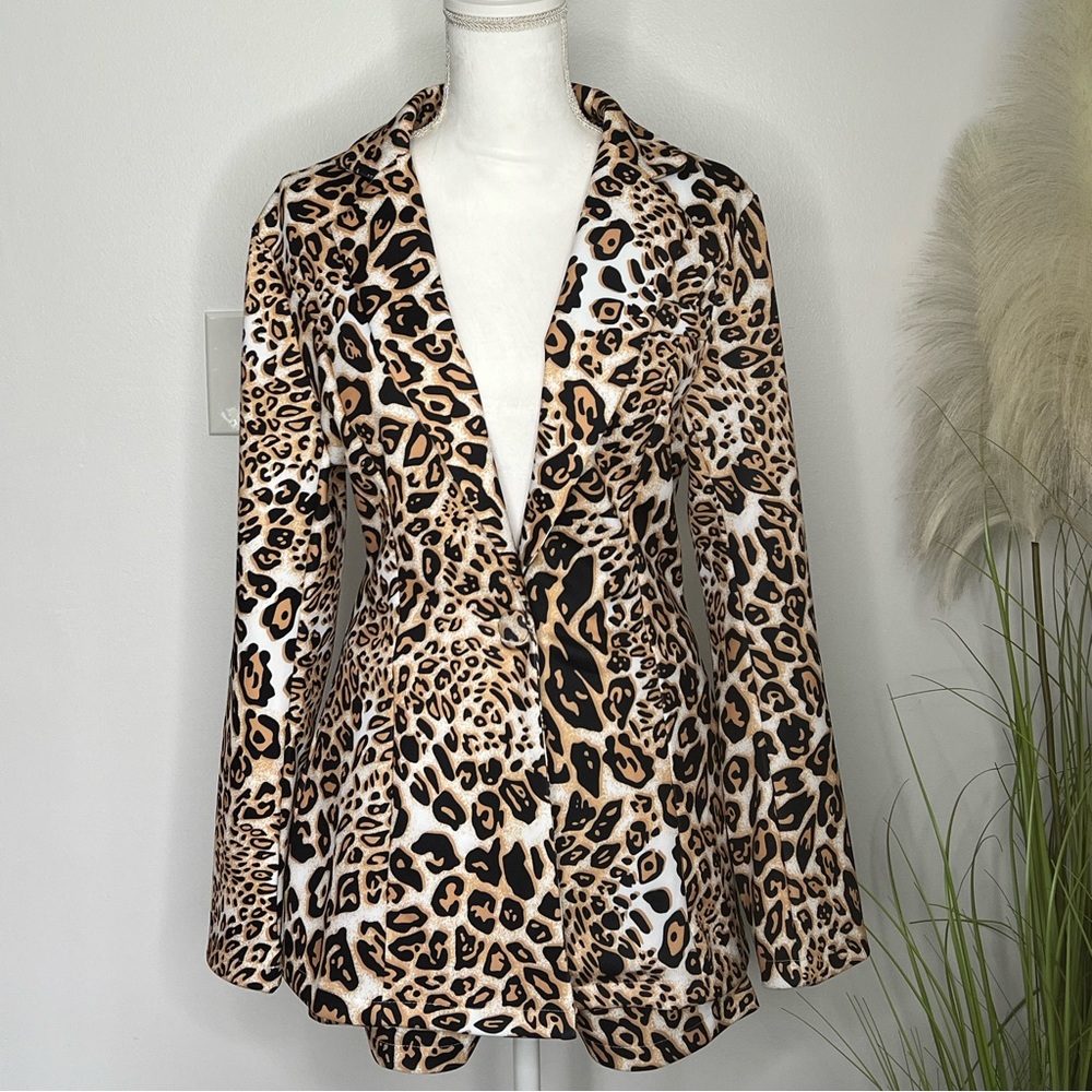 2 piece blazer short set- cheetah print
